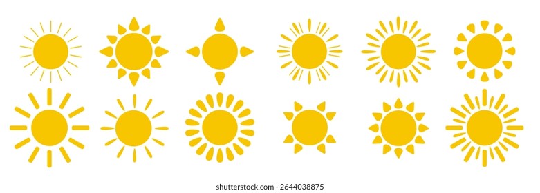 A set of Sun icons on a white background. Logo, sticker with the image of the sun. A collection of sunny stars to use as a logo or weather icon Vector EPS 10.