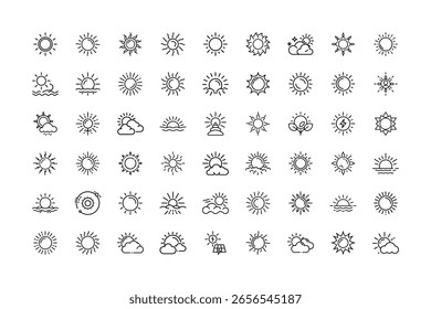 Conjunto de iconos de sol en estilo de contorno sobre fondo blanco.