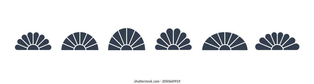 Set of Sun Icons. Simple Sun Flower with Geometric Radial Rays of Sunburst isolated on White Background. Flat Vector Icon Design Template Element for Business and Nature Needs.