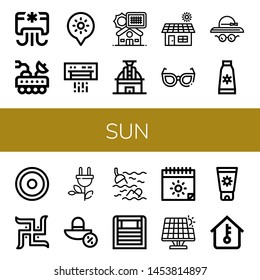 Set of sun icons such as Air conditioner, Moon rover, Holidays, Solar panel, Observatory, Solar, Glasses, Pamela hat, Sun cream, Sun, Swastika, Green energy, hat, Sea ,