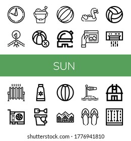 Set of sun icons. Such as Sundial, Drought, Sand bucket, Beach ball, Observatory, Inflatable, Travel, Air conditioner, Heat, Video card, Sun cream, Hotel de glace , sun icons