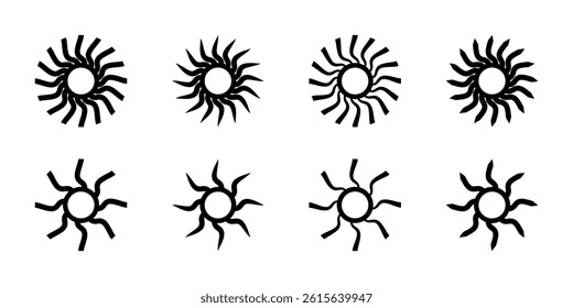 Set of sun icons. Sunbeam symbols isolated on white background. Solar energy signs. Sunlight or sunshine shapes. Decorative design elements. Vector graphic illustration.