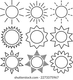 Set of sun icons , Vector illustration. Black and white sun.
