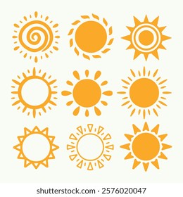 Set of sun icons. Vector illustration. Isolated on white background.	