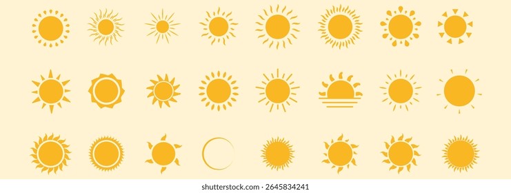 Set of Sun icons. Yellow Orange and Black and color variety design sun icons. Shine sun ray set. Collection of Yellow logo or weather icon. Vector illustration. EPS 10