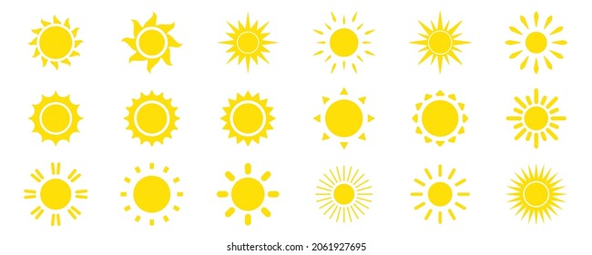 Conjunto de iconos de sol. Rayo amarillo o ráfaga de sol. Verano, luz solar, naturaleza, cielo. Colección de sol de silueta amarilla para uso como logotipo o icono del tiempo. Ilustración vectorial, diseño plano