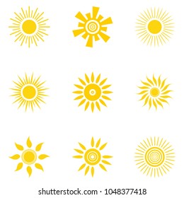Set of sun icons. Yellow sun of various shapes on white background. Vector illustration. For design.

