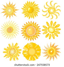 A set of sun image in various vector technique for optimism obtaining. Can be used as a decorative flyer motif  for travel agencies - offer summer tours or trips to exotic countries