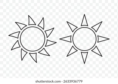 Set sun isolated on a transparent background. Vector illustration in outline style. For cards, logo, decorations. EPS 10.