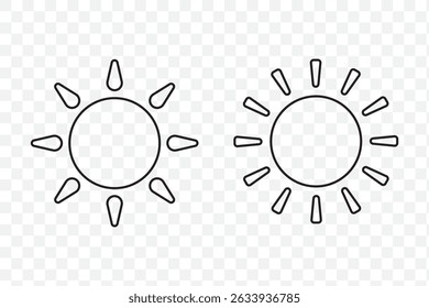 Set sun isolated on a transparent background. Vector illustration in outline style. For cards, logo, decorations. EPS 10.