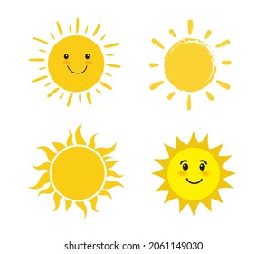 Set of sun isolated on white background. Smiling cartoon sun. Vector illustration.