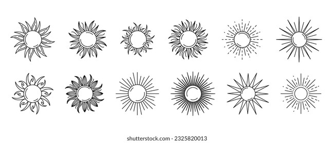 Set sun isolated on a white background. Vector illustration in outline style. For cards, logo, decorations, invitations, boho designs.