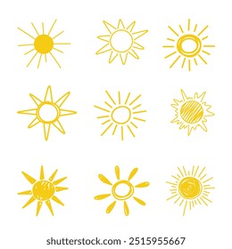 Set of the sun isolated on white, hand-drawn, vector illustration in doodle style, cartoon. Decorative bright solar element for decoration, design, holiday. Abstract yellow suns with rays.