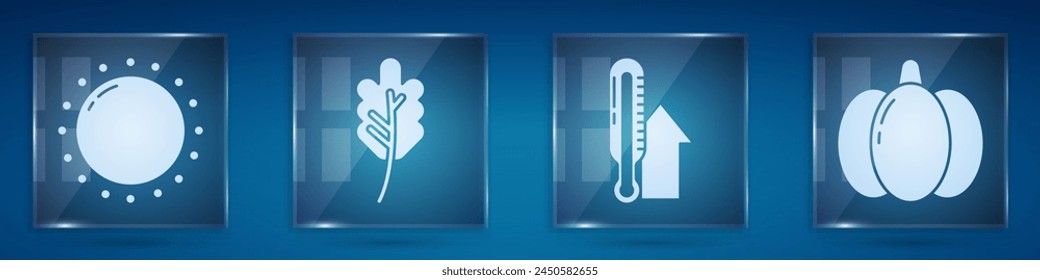 Sonne, Blatt oder Blätter, Meteorologie Thermometer und Kürbis. Quadratische Glasscheiben. Vektorgrafik