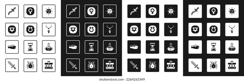 Poner sol, vida, elemento de la Tierra, daga, collar con cristal, Venus, veneno en botella e icono de serpiente. Vector