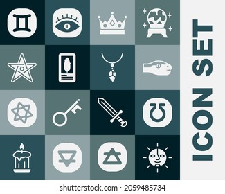 Set Sun, Life, Snake, King crown, Tarot cards, Pentagram, Gemini zodiac and Necklace with crystal icon. Vector