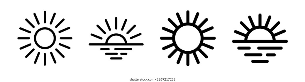 Set of sun line icons. Sunset or sunrise icons. Vector isolated on white background.