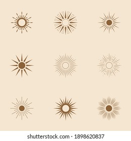 Set of sun linear icons and symbols in boho style. Vector abstract elements for logo design, decoration in modern minimalist style. Flat vector illustration