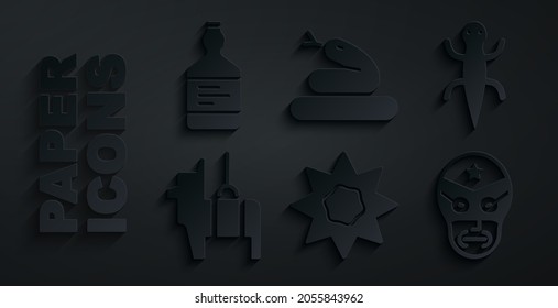 Set Sun, Lizard, Pinata, Mexican wrestler, Snake and Tequila bottle icon. Vector