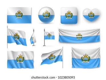 Set Sun Marino flags, banners, banners, symbols, flat icon. Vector illustration of collection of national symbols on various objects and state signs
