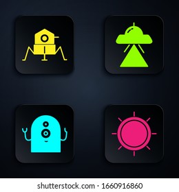 Set Sun, Mars rover, Alien and UFO flying spaceship. Black square button. Vector