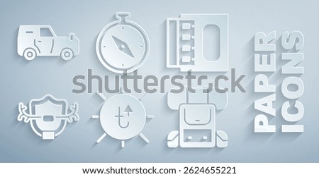 Set Sun, Matchbox and matches, Deer antlers on shield, Hiking backpack, Compass and Off road car icon. Vector
