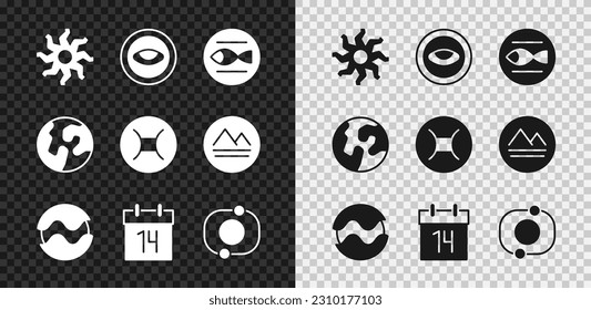 Set Sun, Medallion with eye, Pisces zodiac, Planet, Calendar, Solar system, Earth globe and Gemini icon. Vector