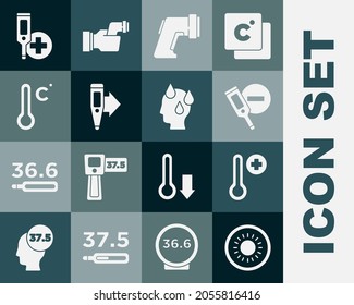 Set Sun, Meteorology thermometer, Digital,  and High human body temperature icon. Vector