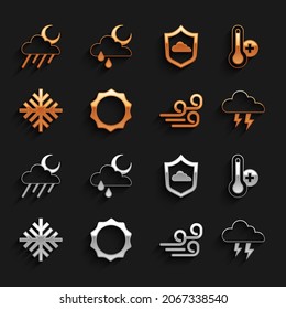 Set Sun, Meteorology thermometer, Storm, Windy weather, Snowflake, Weather forecast, Cloud with rain and moon and  icon. Vector