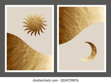 Set of sun and moon abstract posters. Minimal trendy modern style. Gold foil texture. Design for wallpaper, wall decor, postcard, print, background, social media, banner. Vector illustration.