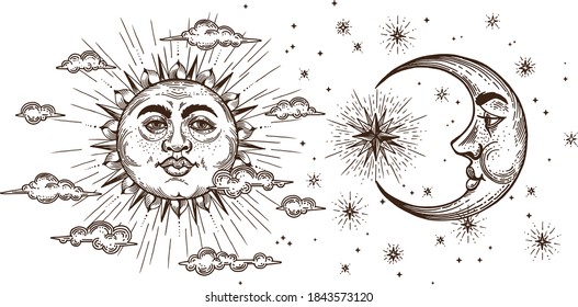 Set of Sun, Moon and Crescent, cloud and stars, hand drawn in engraving style. Vector graphic retro illustrations.