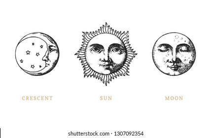 Sonnenset, Mond und Halbmond, handgezeichnet im Gravierstil. Vektorgrafik-Retro-Illustrationen.