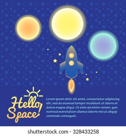 Set of Sun, Moon, Mars, planets, stars, rocket in space. Background and elements for web design, posters, flyers, postcards. Template for text.