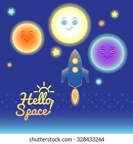 Set of Sun, Moon, Mars, planets, stars, rocket in space. Background and elements for web design, posters, flyers, postcards. Cartoon characters.