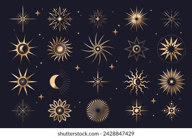 Set of sun, moon and star icons. Vector sky elements with starburst and radial explosion, flash and shiny spark, firework and burst. Sign or insignia collection. Magic abstract effect. Light of night