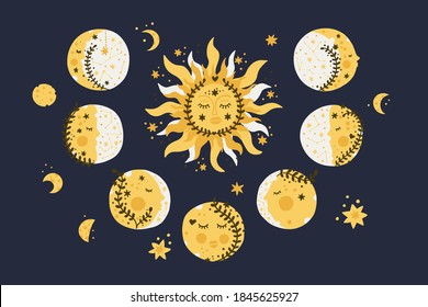 Set sun, moon and star vector in vintage style. Cartton hand drawn bohemian illustration. Astronomy boho celestial kid cute art.