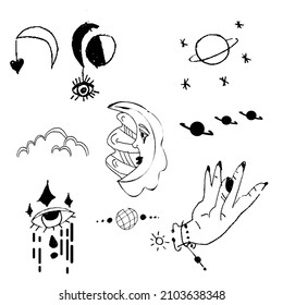 Set of sun, moon, stars, clouds, constellations and esoteric symbols. Alchemy mystical magic elements for prints, posters, illustrations and patterns. Black spiritual occultism objects.