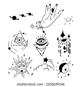 Set of sun, moon, stars, clouds, constellations and esoteric symbols. Alchemy mystical magic elements for prints, posters, illustrations and patterns. Black spiritual occultism objects.