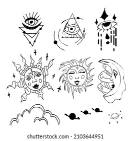 Set of sun, moon, stars, clouds, constellations and esoteric symbols. Alchemy mystical magic elements for prints, posters, illustrations and patterns. Black spiritual occultism objects.