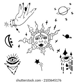 Set of sun, moon, stars, clouds, constellations and esoteric symbols. Alchemy mystical magic elements for prints, posters, illustrations and patterns. Black spiritual occultism objects.