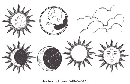 Set of sun, moon, stars, clouds, constellations and esoteric symbols. Alchemy mystical magic elements.