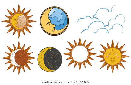 Set of sun, moon, stars, clouds, constellations and esoteric symbols. Alchemy mystical magic elements.