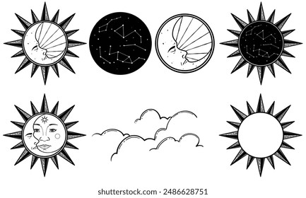 Set of sun, moon, stars, clouds, constellations and esoteric symbols. Alchemy mystical magic elements.