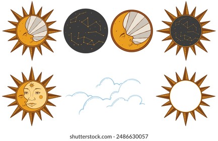 Set of sun, moon, stars, clouds, constellations and esoteric symbols. Alchemy mystical magic elements.