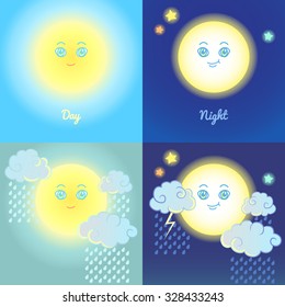 Set of Sun, Moon, stars, clouds, drops and lightning in sky. Weather forecast. Sunny day, storm, rain. Cartoon characters, day and night. Background and elements for web design, posters, flyers.