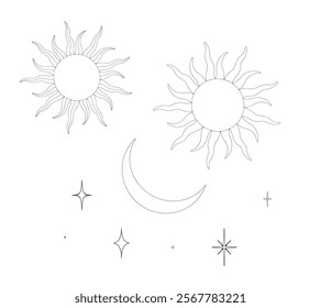 Set of Sun Moon Stars icons. Minimal celestial esoteric clipart for logo, tattoo, sunburst set. Vector illustration in linear drawing style on isolated background. Black etching day and night.