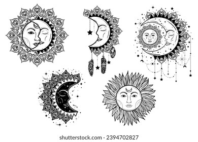 Juego de pegatinas de sol y luna. Alquimia de elementos mágicos místicos para impresiones, afiches, ilustraciones y patrones. Elementos de tatuaje de brujería.