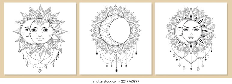 Set sun and moon  Vector illustration template design. Line art in esoteric symbols. Mystical design.