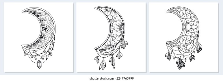Set sun and moon  Vector illustration template design. Line art in esoteric symbols. Mystical design.