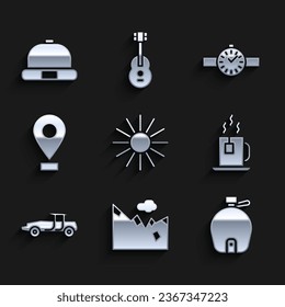 Set Sun, Mountains, Canteen water bottle, Cup of tea with tea bag, Car, Location, Wrist watch and Beanie hat icon. Vector